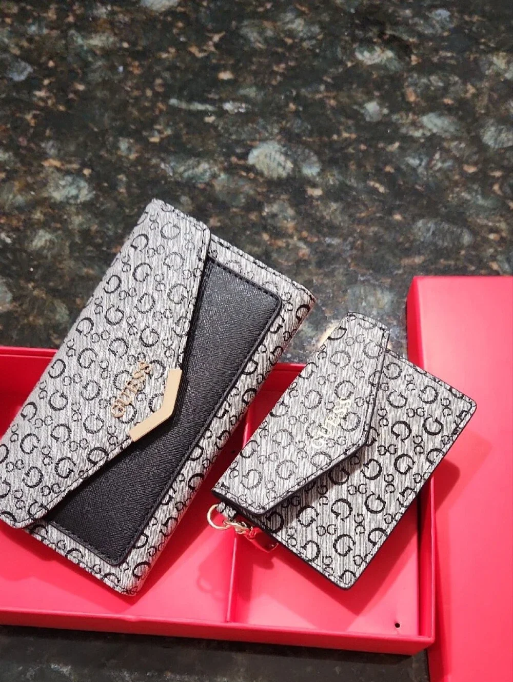 Guess Beige Monogram Envelope Wallet & Card Holder Set with Black Trim